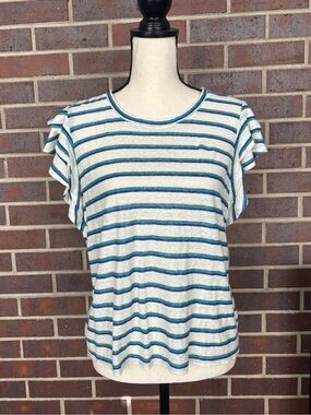 Veronica Beard Sz M Akeela Striped Flutter Sleeve Ruffle Tee Top Lightweight